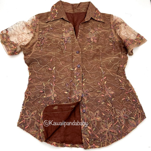 Handmade Brown Rainbow Ethereal Floral Embroidered Metallic Fairy Collar Shirt - Picture 1 of 5